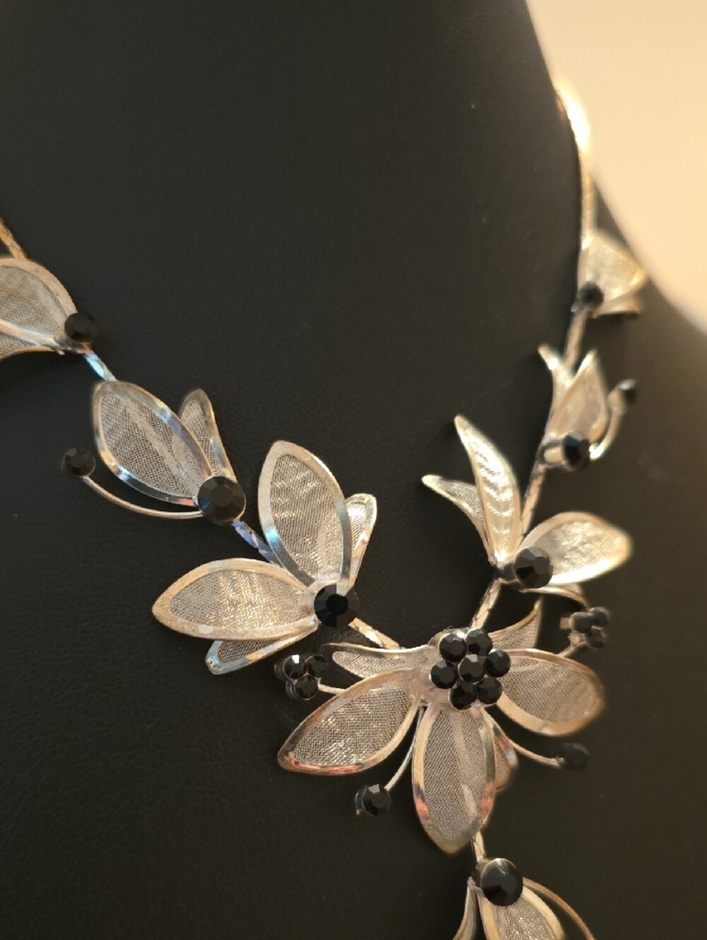 Floral Leaf Drop Necklace in Silver and Black - Picture 5 of 9
